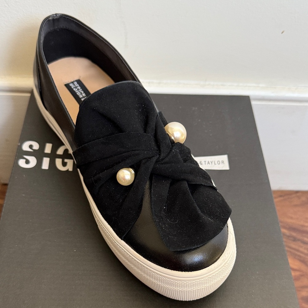 Sigerson Morrison Black Loafers with Pearl Accents